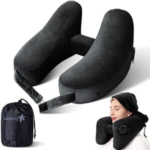 Neck Pillow Inflatable Travel Pillow Comfortably Supports Head, Neck and Chin, Aeroplane Pillow with Soft Velour Cover, Hat, Portable Drawstring, 3D Eye Mask and Earplugs (Black)